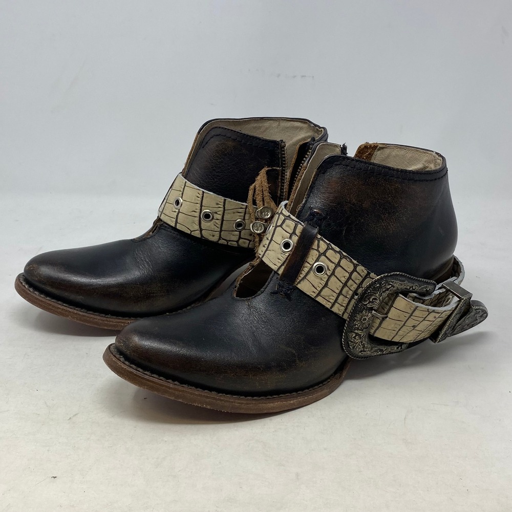 Freebird by Steven Saloon Brown Leather Western Ankle Boots Buckle Fringe Sz 9